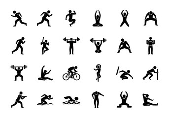 Comprehensive glyph icon set of people engaged in sports and fitness exercises. Black silhouette figures for athletic activity and workout themes