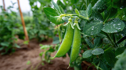 Fresh green pea pod growing on plant vine. vibrant vegetable during cultivation on an organic agriculture farm, beautiful natural food