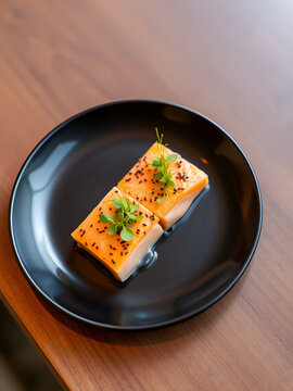 Delicious salmon amuse bouche garnished with microgreens on sleek black plate