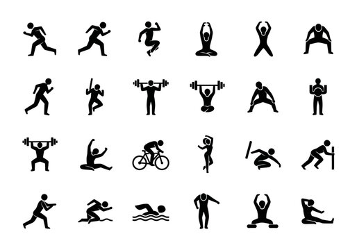 Comprehensive glyph icon set of people engaged in sports and fitness exercises. Black silhouette figures for athletic activity and workout themes