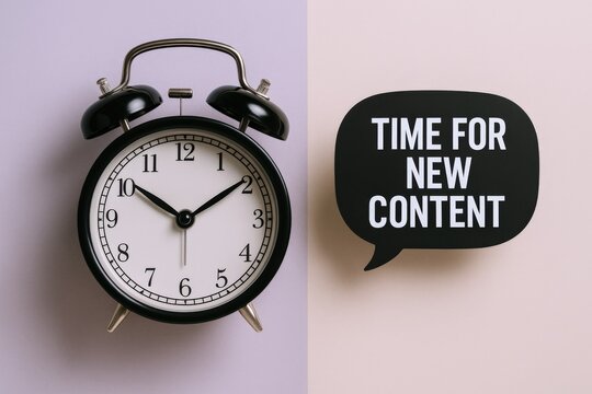 Alarm Clock and Speech Bubble Announcing It's Time for New Content Creation and Marketing Strategies