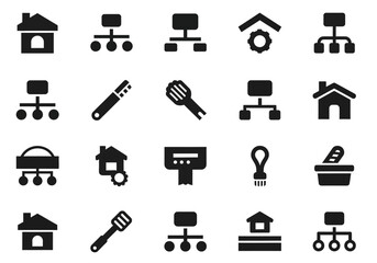 A minimalist glyph icon set featuring real estate, sitemap organization, and culinary themes for web and application interface design