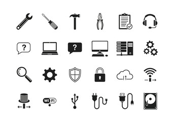 Set of monochrome glyph icons representing IT support, computer repair, and network technology services