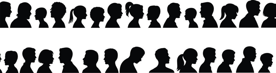 Human profile silhouette, diverse faces vector, black head icons, hairstyle variation, side view people, identity, diversity, design, clipart, shape