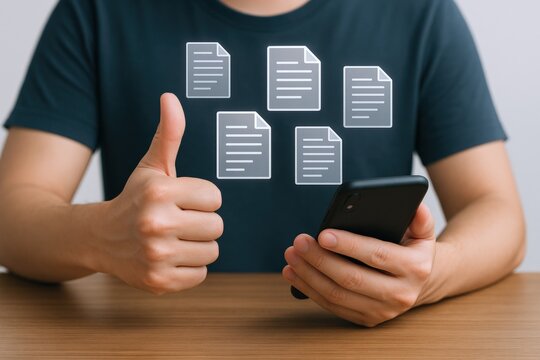 Digital Documents Management Concept: Man Holding Smartphone with Paperwork Icons for Business Efficiency