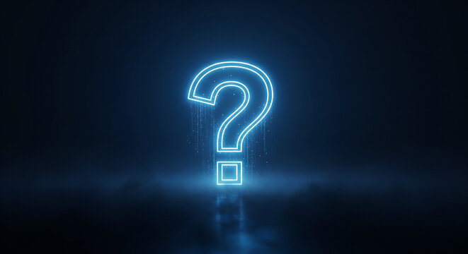 Glowing neon question mark on dark background, symbol of inquiry. A bright blue neon question mark glows against a dark backdrop, representing questions and uncertainty