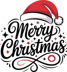 Merry Christmas Decorative Typography with Santa Hat, Stars, and Swirls ? Festive Red and Black Holiday Greeting Vector Illustration for Seasonal Design