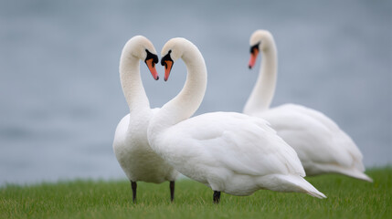 Obraz premium Two graceful white swan bird couple forming heart shape on green grass. beautiful and calm romantic animal symbol of love by blue lake