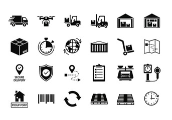 Vector icon set for cargo shipping, warehouse logistics, and package delivery services