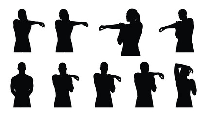 People stretching arm silhouettes isolated on white background, Vector