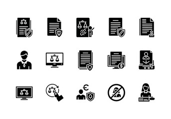A collection of solid glyph icons representing the justice system, legal document security, and court regulations