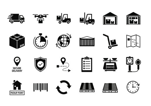 Vector icon set for cargo shipping, warehouse logistics, and package delivery services