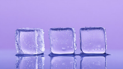 Calm and cool closeup of frozen ice cube and cold water on purple background. Three melting blocks in row with fresh reflection