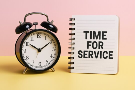 Time for service concept: Alarm clock and notepad reminder on pastel background emphasizing customer support