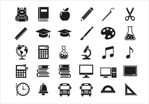 A collection of monochrome icons representing school subjects and educational supplies for graphic design projects