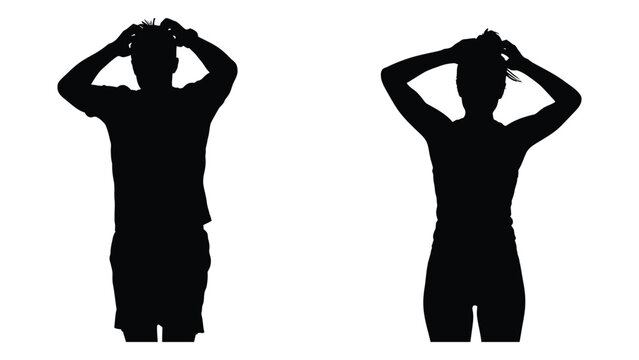 Silhouettes of man and woman fixing hair isolated on white background, Vector