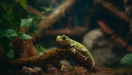 A green gecko perched on a mossy branch in a natural habitat, surrounded by foliage.