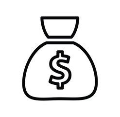 Outline illustration of a money bag with a dollar sign on it in a simple black and white design