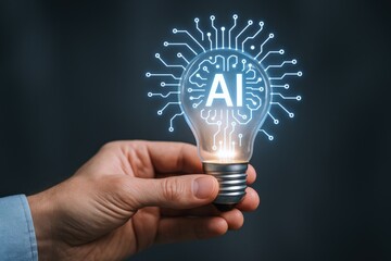 Artificial Intelligence Concept: Hand Holding Illuminated Light Bulb with AI Brain Circuitry Against Dark Background