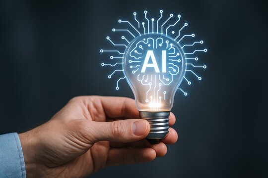 Artificial Intelligence Concept: Hand Holding Illuminated Light Bulb with AI Brain Circuitry Against Dark Background