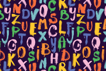Multicolored Graffiti Alphabet Pattern. Hand drawn spray paint colorful letters with grunge splatter texture. Bold street art typography design with colorful dripping characters ideal for fashion