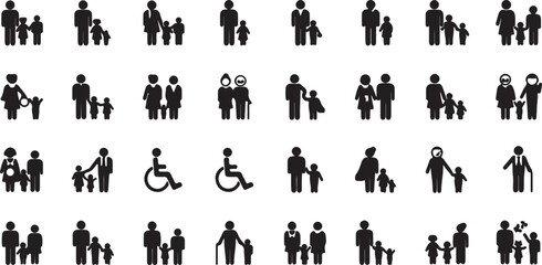 Diverse family icon set depicting various family structures and situations