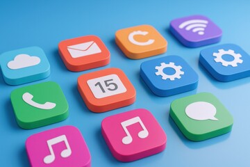 Digital application icons showcasing connectivity, communication, and organization on a vibrant blue background, demonstrating modern technology
