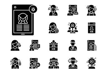 A collection of solid glyph icons representing artificial intelligence, business management, and human resources technology for modern recruitment processes