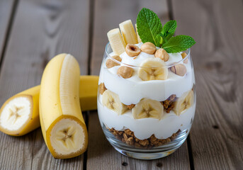 Delicious layered parfait with bananas, granola, yogurt, and fresh mint