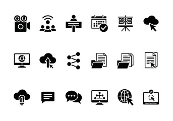 Modern solid glyph icon collection for web, business, and technology concepts like cloud services and virtual communication
