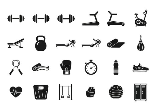 A comprehensive set of flat black icons representing gym equipment and fitness activities for a healthy lifestyle