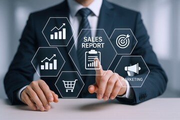 Business executive analyzing sales report data using interactive digital interface for performance metrics and marketing strategies