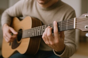 Fototapeta premium Acoustic guitar player, close-up, practicing chords at home, perfect for music, lifestyle, and artistic projects