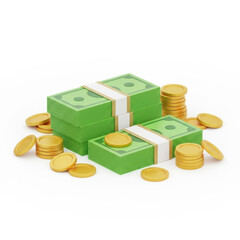3d stack of money and coins isolated on transparent background