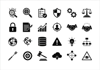 A set of universal glyph icons for business management, data analysis, cybersecurity, legal compliance, and strategic planning concepts