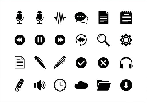 Modern solid glyph icon set for UI design, featuring universal symbols for audio, documents, and web applications, based on the versatile npm303.eps collection