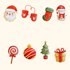 Charming watercolor christmas icons featuring santa claus mittens stocking tree candy and gift