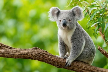 Fototapeta premium Cute Koala Sitting On Tree Branch With Green Foliage Background In Natural Habitat For Wildlife And Conservation