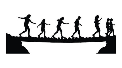 Silhouettes of people balancing on a log bridge isolated on white background, Vector