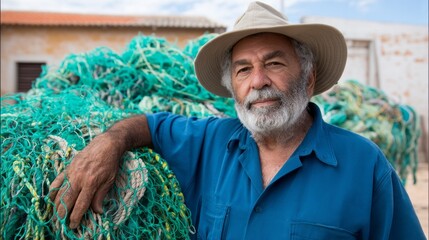 A bearded man wearing a hat stands proudly beside a vibrant pile of fishing nets. Sunshine highlights the scene, capturing a tranquil moment by the water's edge as he engages in the fishing lifestyle