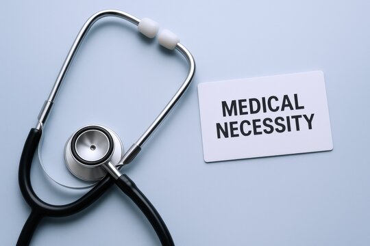 Stethoscope and Medical Necessity Card on Blue Background, Healthcare Concept for Insurance Approval and Clinical Requirements