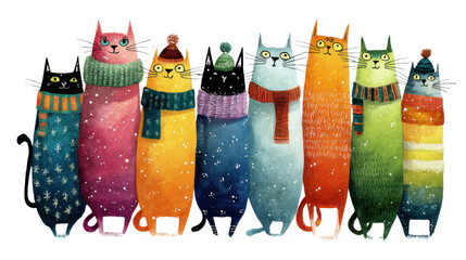Festive Felines: A whimsical illustration showcases a charming group of colorful cats, each adorned in cozy winter wear, creating a delightful scene of seasonal cheer.
