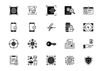 Vector icon set illustrating concepts of digital identity verification, secure finance, and data protection technology