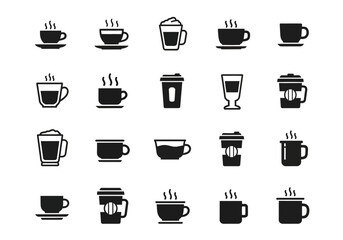 A versatile vector icon set of coffee cups and mugs for cafes. Hot drink symbols and pictograms on an isolated background