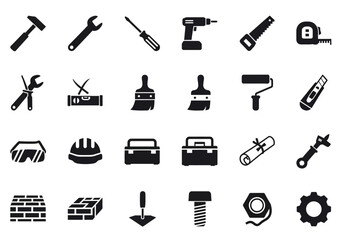 A collection of flat black glyph icons representing construction tools, building equipment, and hardware for repair and DIY work projects