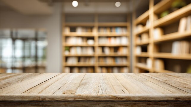 Empty Wooden Table with Blurred Bookshelf Background Ideal for Product Display or Mockups