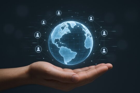 Global Network Concept: Holographic Earth Projection Displayed Over Hand, Symbolizing Connectivity and International Communication
