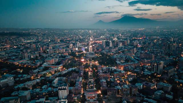 Yerevan, Armenia - Aerial Cityscape with Mount Ararat at Dusk - Powered by Adobe