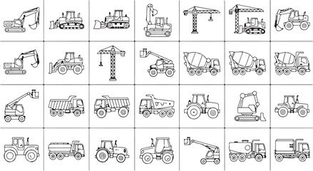 Construction Vehicles Icons Set Collection Heavy Machinery Isolated on White Background