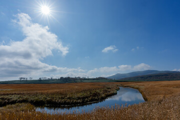 雨竜沼湿原の草紅葉と池塘が広がる秋景色（北海道）